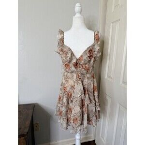 Windsor V-Neck Backless Tank Top Mini Dress Tan Pink Floral Juniors Size L
